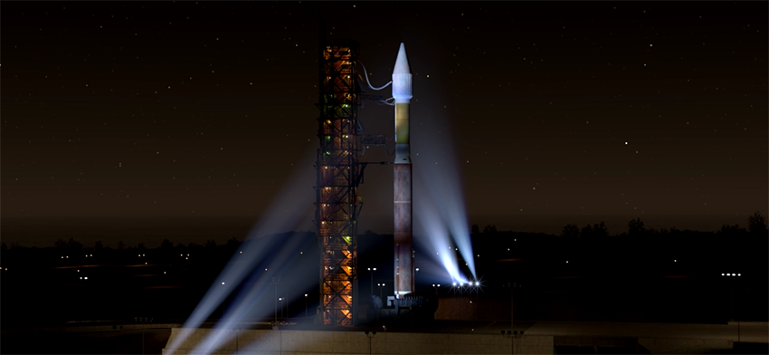 La fusée Atlas V 401 sur le complexe de tir n°3 de la base spatiale de Vandenberg (© NASA).
