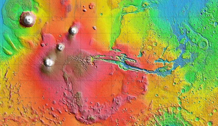 Elevation map of the Martian surface showing the dome of Tharsis (left) and the huge Valles Marineris canyon (centre). These two regions must have undergone intense seismic activity in the past (© MOLA Team/NASA).