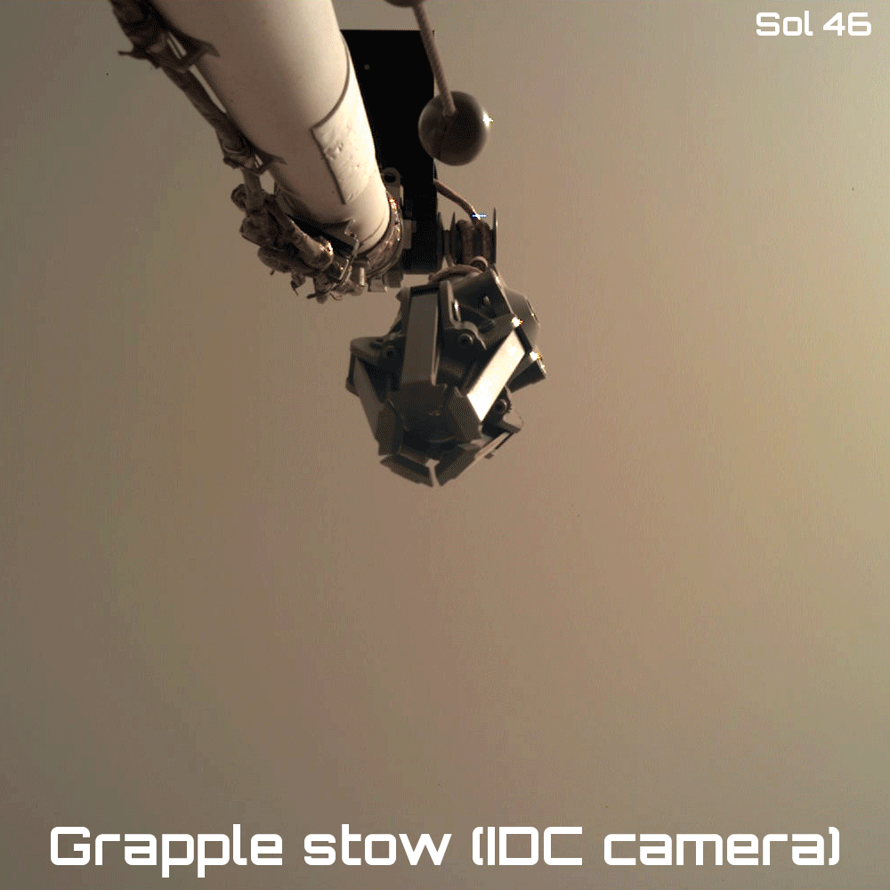  Animated sequence of images taken by the ICC showing the levelling low operation during sol 44 (© NASA/JPL-Caltech).  Following the first unsuccessful attempts at stowing the robotic arm’s gripper (see below), the SEIS lowering and levelling operation (known as “levelling low”), which comes after the levelling operation on sol 30, went so well that it was completed ahead of the initial operations schedule. This step, carried out on sol 44, consisted in activating the three legs of the SEIS levelling cradle to lower the instrument as close to the surface as possible.  This manoeuvre lowered the seismometer by 18 mm in six successive steps. Each leg was activated in succession during the various lowering cycles. The first goal in doing this was to minimize the length of the legs so as to increase their rigidity and thus improve the instrument’s coupling with the Martian surface. A simple experiment will clarify the principle behind this manoeuvre: place a metal dessert spoon on a table with as much of the handle as possible over the edge, and you will see that touching it just slightly makes the whole handle vibrate. If, on the other hand, only a small part of the handle extends over the edge, it is much more difficult to make it vibrate.  The second goal in lowering the seismometer was to be able to place the wind and thermal shield (WTS) over it safely. The SEIS seismometer must never touch the inside of the WTS dome.   InSight plays cup-and-ball on Mars The last step before positioning the WTS was to increase the space between the two metal plates of the load shunt assembly (LSA) after their mechanical separation during sol 40. A latecomer in the seismometer’s design, the LSA is located on the side. It makes the tether form what is known as a service loop, intended to prevent vibrations and other interfering signals from travelling along it (especially the deformations to which the tether is subject due to the large temperature variations between Martian day and night).  So as to widen the gap between the metal parts of the LSA, the tether had to be moved slightly backwards using InSight’s robotic arm. The bucket was placed in contact with the handle of the pinning mass, attached to the ribbon cable near SEIS. This mass is designed to weigh down the tether and improve its contact with the ground. To position the bucket and slightly push back the pinning mass, the robotic arm’s gripper (deployed during sol 18 on 15 December 2018 once the instruments’ workplace had been fully characterized) had to be returned to its stowed configuration.  This is not as easy as it sounds: the stowage manoeuvre is actually one of the most complicated for the team in charge of InSight’s robotic arm. One of the difficulties lies in the fact that the gripper is connected to the arm by two flexible cables. The most flexible one is the orange power cable. The other one is made of a synthetic material known as Vectran. This white cable is attached to the gripper, and dictates how it is suspended, and its behaviour (swinging or rotating movements, etc.) when the robotic arm moves. Like all flexible or soft materials (from parachute canopies or suspension lines to the flat, semi-rigid ribbon cable connecting SEIS to the lander), this cable is a headache for engineers because its behaviour cannot be perfectly modelled, and it is not possible to manipulate easily.   Animated sequence of images taken by the instrument deployment camera (IDC) showing attempts 3 and 4 to stow the gripper during sols 46 and 50 respectively (© NASA/JPL-Caltech).