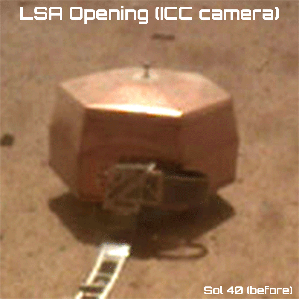 Animated sequence of images taken by the instrument deployment camera (IDC) showing the separation of the LSA plates on Mars during sol 40 (© NASA/JPL-Caltech).
