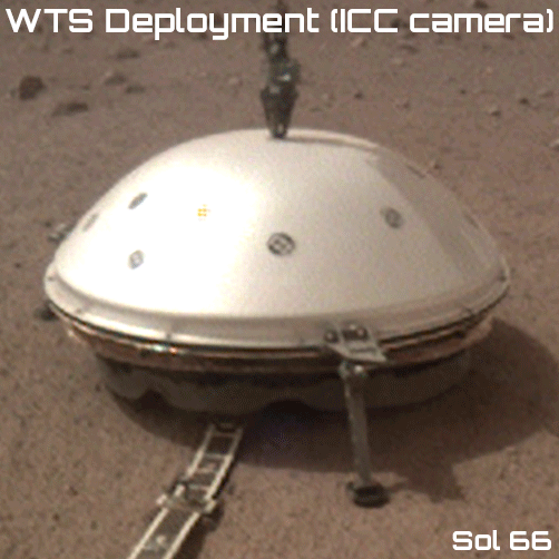  Animated sequence of images taken by the instrument deployment camera (ICC) showing WTS deployment during sol 66 (© NASA/JPL-Caltech). Given the deployment schedule for Mars, the time at which the different relay satellites orbiting around the Red Planet flew over the lander’s position and the available bandwidth, the engineers in charge of InSight’s deployment system had to wait until Saturday 2 February 2019 at 11:35 in California to receive the first images.  Unlike for the deployment of SEIS, the preliminary telemetry data of use to the engineers, such as Frangibolt temperature or the robotic arm movement counter, were not able to be downlinked. The orbiter that could have transmitted this information—Mars Reconnaissance Orbiter—was too low on the horizon to be able to play its role optimally (if the overhead pass had been rescheduled, InSight could have opened this communication window to indicate that the arm had entered safety mode following an anomaly).  When the long-awaited images finally arrived, they were immediately retransmitted to all the screens in the InSight Mission Control Centre, in the downlinked data room (where JPL engineers were riveted to their consoles) and the main Control Room where most daily meetings are held and where many mission participants had gathered for the event.  Numerous tests had been carried out with InSight’s twin (the ForeSight engineering model) here on Earth prior to WTS deployment, but despite all the images acquired during these simulations, the arrival of pictures from Mars still came as a kind of shock. Firstly, because WTS deployment involved major risks, including colliding with the SEIS instrument. But it was also the visual impact of the photos that struck everybody present. Unlike the SEIS seismometer, which was deployed during the early twilight hours of sol 22, the WTS was deployed in the middle of the morning and the ICC benefitted from good light and shadows. What is more, it was placed not only on the surface of Mars, but over another object already on that surface. Finally, the fact that the extendable skirt was compressed during deployment emphasized its “flying saucer” look (an effect that would have been lost had the skirt been fully extended).  As soon as the white dome appeared in the field of the first image from the ICC, project engineers realised that the skirt had not deployed as it had during ground simulations. This was not that surprising. Compressed under the shield for six and a half months during the cruise phase in space at glacial temperatures, then on Mars for over two months, the skirt had become more rigid. Martian gravity being three times weaker than Earth’s gravity, the weight of the chain mail around the bottom edge of the skirt (designed to follow the ground contours to seal off the seismometer) was not enough for the skirt to drop down as soon as the robotic arm raised the WTS off the deck.   The slow unfolding from sol 66 of the WTS’s extendable skirt, warmed by the Sun and weighted by the chain mail around its bottom edge (© NASA/JPL-Caltech).