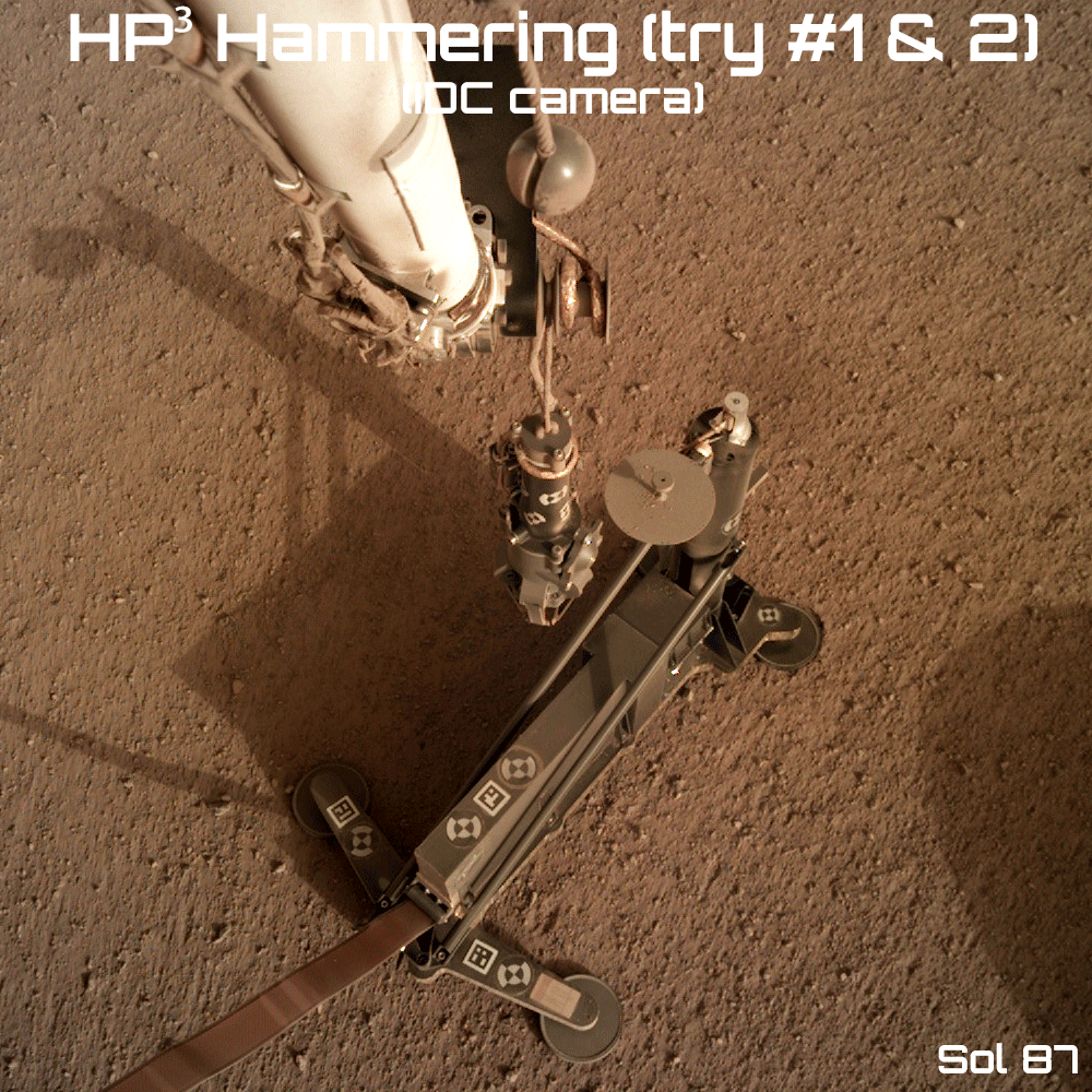 Premières tentatives de pénétration du capteur de flux de chaleur HP³ au cours des sols 92 et 94 (© NASA/JPL-Caltech).