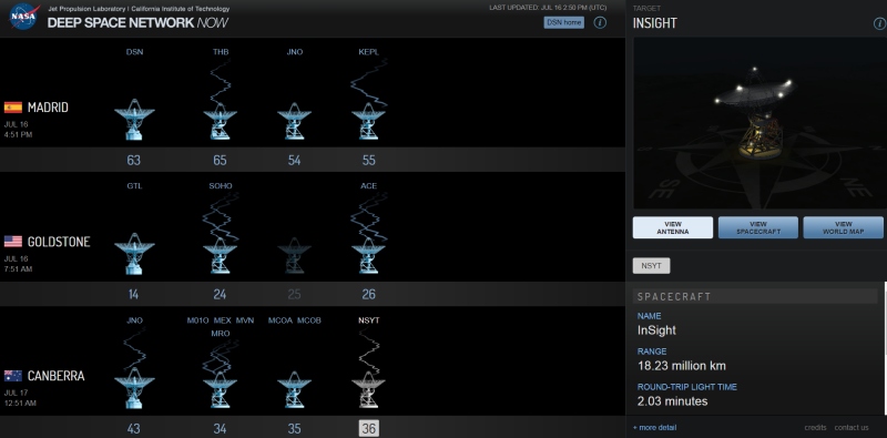 Status of NASA’s Deep Space Network (DSN) when the InSight probe’s SEIS seismometer was powered up in space for the first time on 16 July 2018 (© NASA/JPL).