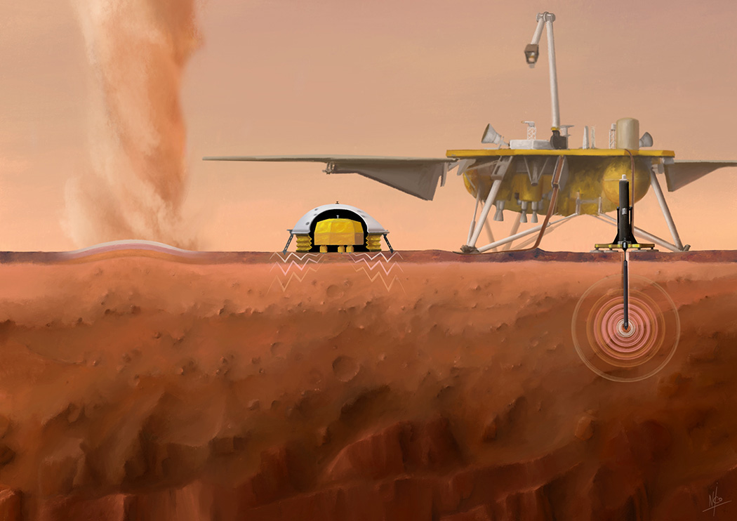 Artist's view showing the probing of the landing site subsurface by three different techniques (© IPGP/Nicolas Sarter).