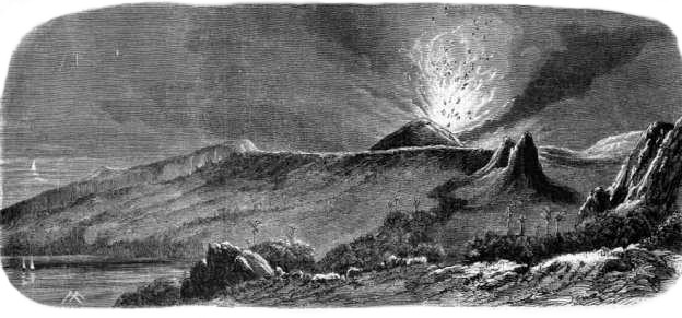 Engraving showing an eruption of the Saint Rose volcano on Reunion Island (© rights reserved).