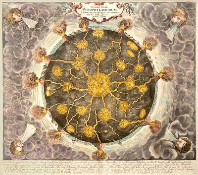 In the 17th century, scholars thought that the Earth was hollow and contained many fiery hot spots. These were thought to lead to numerous volcanoes all over the world. One of the best representations of these telluric infernos is Athanasius Kircher’s Pyrophylaciorum (© rights reserved).