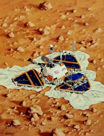 Artist's impression of the Pathfinder probe and the Sojourner microrover (© Manchu/Ciel & Espace).