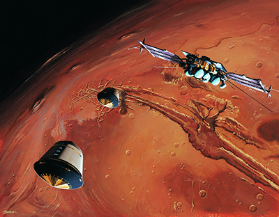 L'orbiteur de Mars 96 largue les deux capsules contenant les petites stations autonomes de surface (© Manchu)