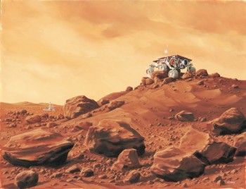 Dessin d'artiste du petit rover Sojourner de la mission Pathfinder, en pleine exploration d'Ares Vallis (© Manchu)