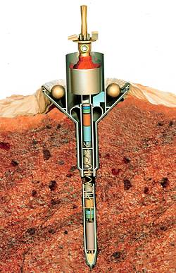 Cut-away view of the Mars 96 penetrator in the Martian soil (© David Ducros).