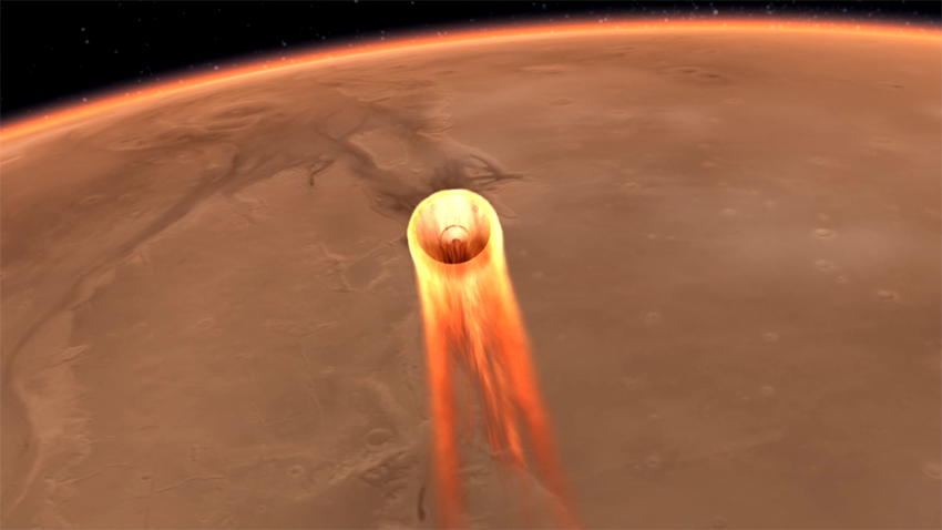 Le bouclier thermique protège la sonde InSight durant l'entrée atmosphérique (© NASA).