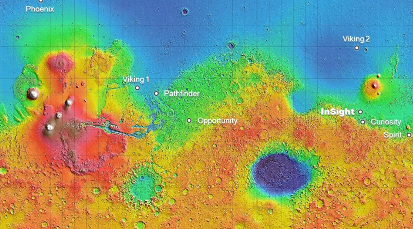 Carte de Mars montrant les sites d'atterrissage des principales sondes martiennes (© NASA)