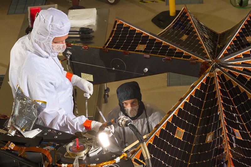 Testing the unfurling of one of InSight’s solar arrays (© NASA/JPL-Caltech/Lockheed Martin)