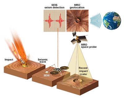 Collaboration between InSight and Mars Reconnaissance Orbiter for the localisation of an impact-type seismic source (© IPGP/David Ducros).