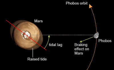 Mechanism of action of the attraction force of the Moon Phobos on Mars (© IPGP / David Ducros).