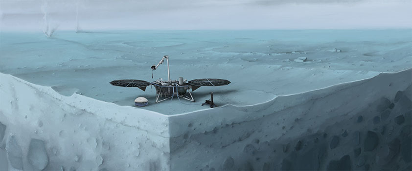 Artist's view of the landing site showing his layered subsurface structure (© IPGP/Nicolas Sarter).
